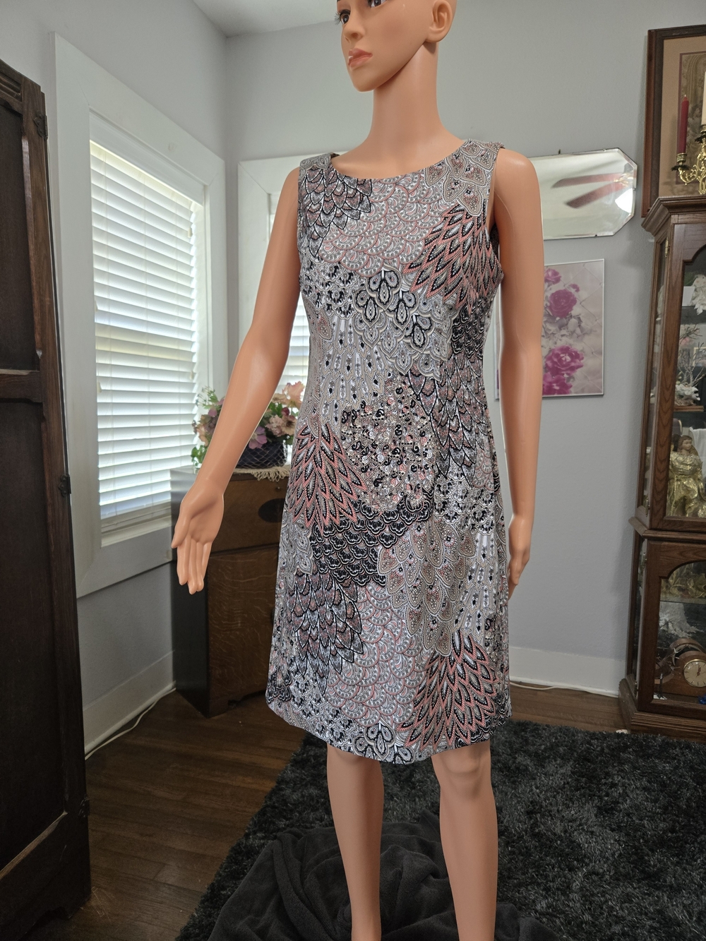 connected apparel Sleeveless Abstract Feather-Print Dress in Black, Gray & Pink